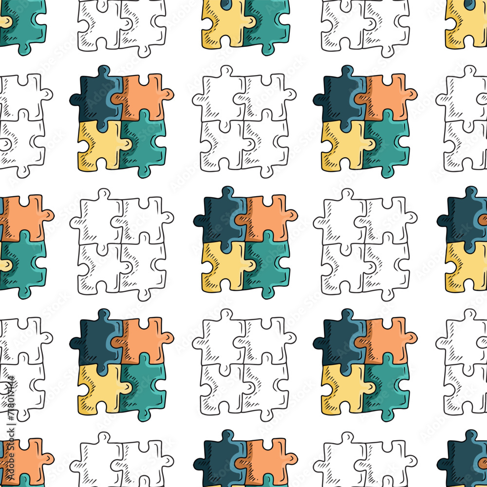 Naklejka premium Seamless pattern with four jigsaw puzzle on white background. Hand drawn vector sketch illustration in engraving doodle vintage line art style. children autism awareness day, team building, solution.