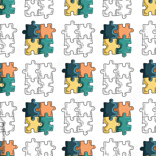 Seamless pattern with four jigsaw puzzle on white background. Hand drawn vector sketch illustration in engraving doodle vintage line art style. children autism awareness day, team building, solution.
