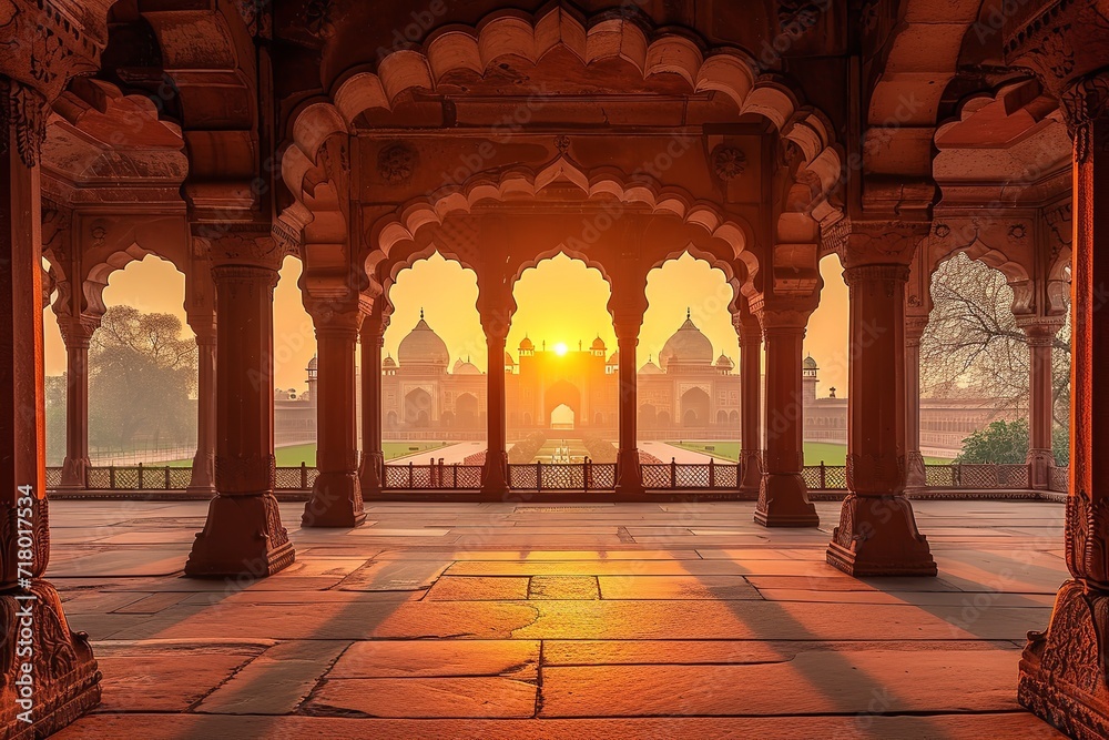 India at dusk, inside Delhi's Red Fort. Generative Ai. - obrazy, fototapety, plakaty 