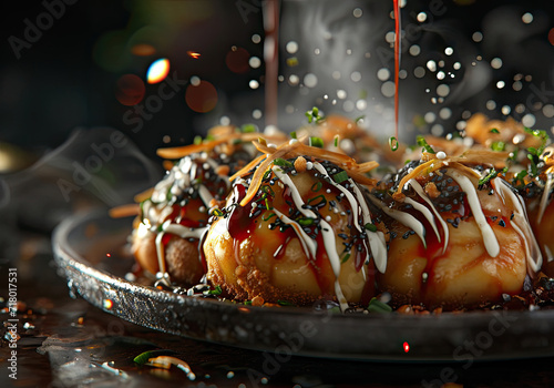 Hot takoyaki with tare sauce and mayo on a black stone plate, closeup