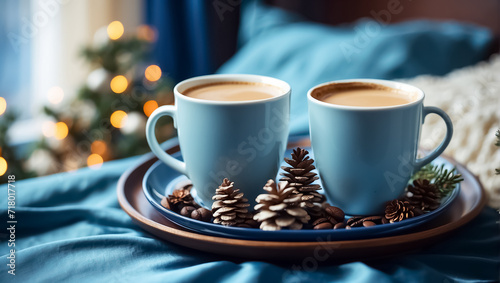 Beautiful cups with coffee on a tray  a pine cone  a Christmas tree branch  in the bedroom good morning