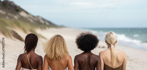 young black woman with short blonde hair from behind walking towards the beach with her friends. multiracial group of female friends. summer concept