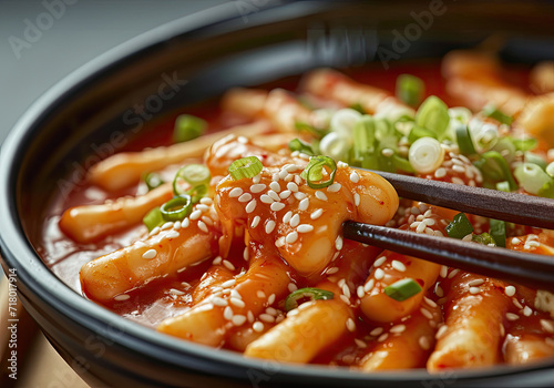 Closeup tteokbokki, spicy rice cakes bowl with green onions and chopsticks photo