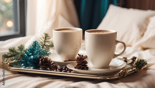 Beautiful cups with coffee on a tray, a pine cone, a Christmas tree branch, in the bedroom creative