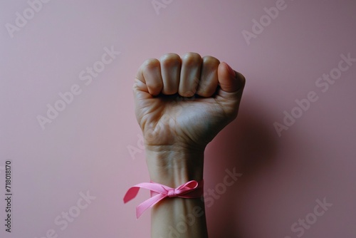 Empowering Breast Cancer awareness idea. First-person view of powerful upraised hand with clenched fist. Rose-colored bow attached to wrist displayed on soft pink background with space for writing.