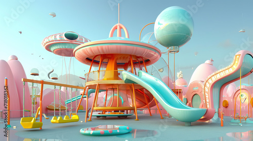 Alien Playground Adventure: A 3D Model of a Futuristic Playground on an Alien Planet, Showcasing Gravity-Defying Swings and Slides, Creating an Otherworldly and Imaginative Experience.