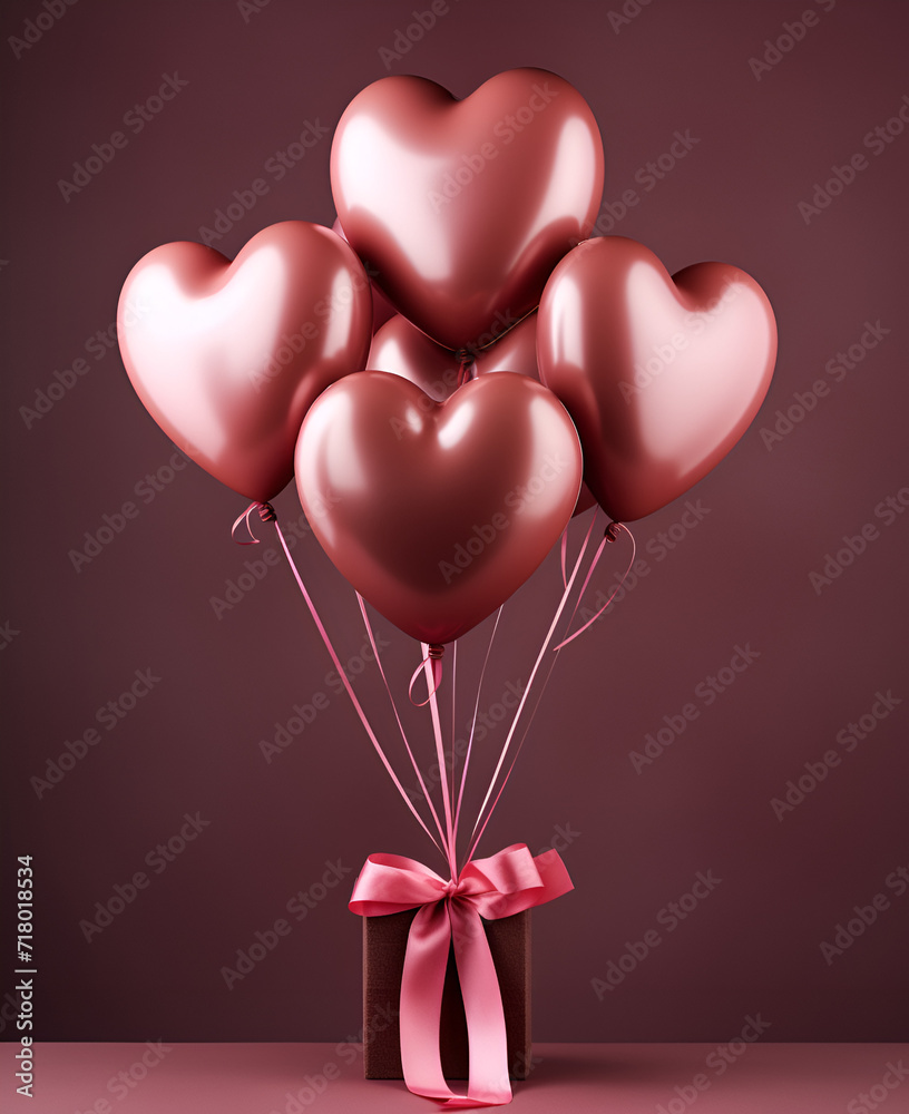 Valentine's day gift box with pink ribbon and pink hearts shaped balloons.
