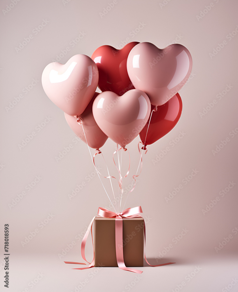 Craft gift box with pink ribbon and hearts shaped balloons on the pink background. Front view