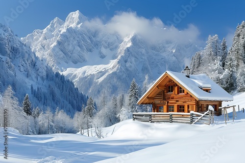 Snow Mountain winter ski lodge and cottage. Generative Ai. © Planum
