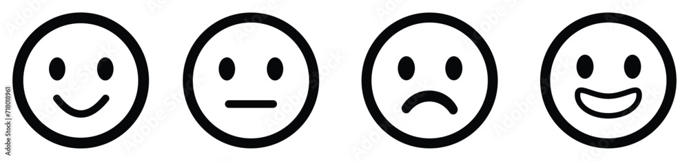 Face smile icon positive, negative and neutral opinion vector rate signs, Emoticons mood scale on white background. Angry, sad, neutral and happy emoticon set. funny cartoon Emoji icon. - obrazy, fototapety, plakaty 