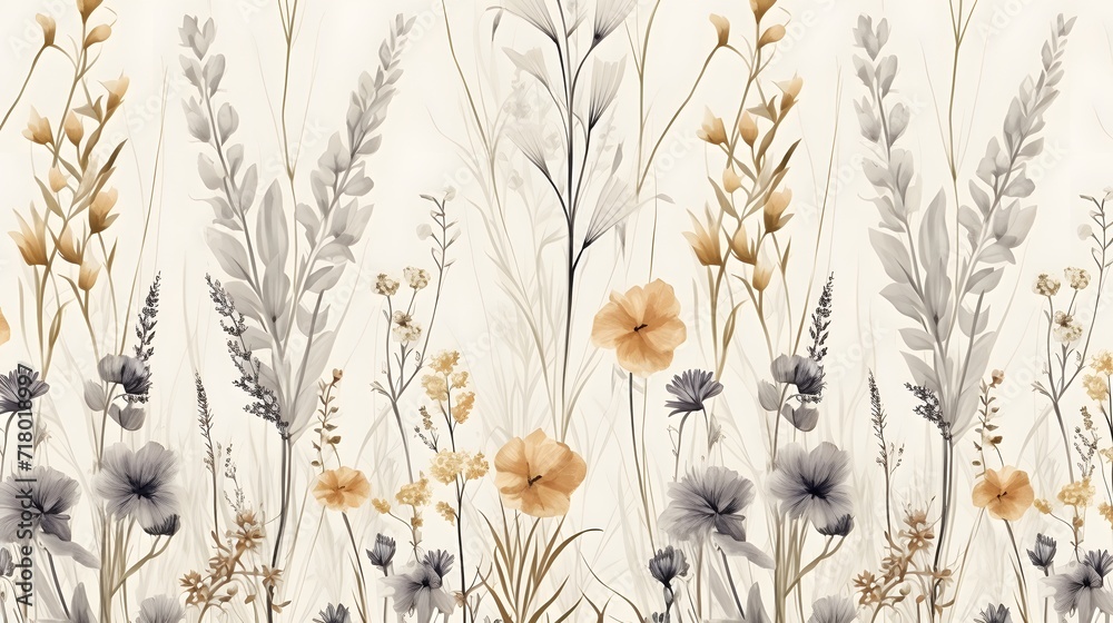 Modern contemporary Seamless pattern with ethereal wildflowers, leaves. vintage dry pressed wild flower plants, grass. Nature floral background. Texture for Cloth, Textile, Wallpaper, fashion printsMo - obrazy, fototapety, plakaty 