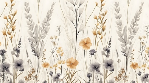 Modern contemporary Seamless pattern with ethereal wildflowers, leaves. vintage dry pressed wild flower plants, grass. Nature floral background. Texture for Cloth, Textile, Wallpaper, fashion printsMo photo