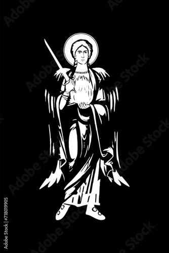 Traditional orthodox image of Archangel Uriel. Christian antique illustration black and white in Byzantine style