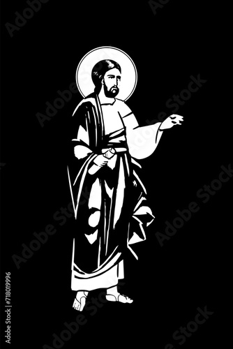 Traditional orthodox image of Jesus Christ. Christian antique illustration black and white in Byzantine style