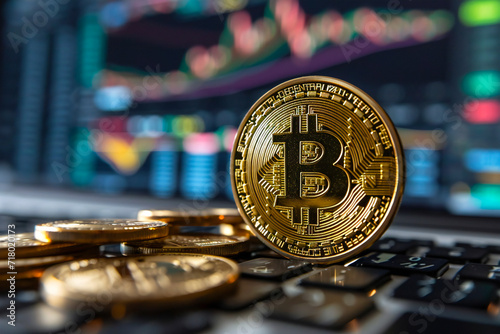 A golden bitcoin coins on the computer with a stock market chart graph in the bokeh background. Bitcoin spot ETF concept.
