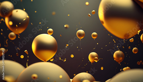 Celebration background with confetti and gold balloons , Hyper realistic,wallpaper, background ,Uhd, 32k, sharp image, hyper realistic wallpaper, octane render, full bright light, Ai generated image