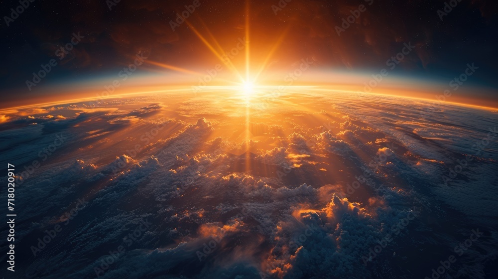 Red bright sunset with the rays of the sun at a bird's eye view, from space and clouds, beautiful landscape wallpaper for desktop