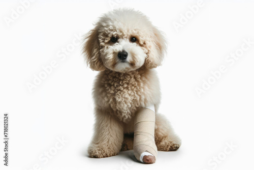Portrait of a poodle dog with a white bandage on his leg isolated on solid white background. ai generative photo