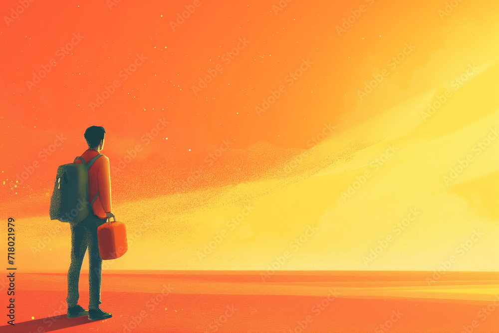 Journey to the Horizon: Lone Traveler with Backpack Gazing into a Vivid Sunset, Symbolizing Hope and Adventure