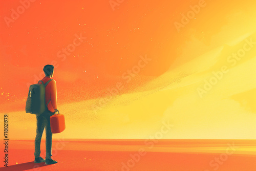 Journey to the Horizon  Lone Traveler with Backpack Gazing into a Vivid Sunset  Symbolizing Hope and Adventure