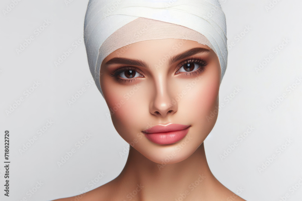 Portrait of a woman with a white bandage on her head isolated on solid white background. ai generative Portrait of a woman with a white bandage on her head isolated on solid white background. ai generative