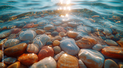 Close-up of shells and stones on the beach as the waves crash onto the shore. The sun reflects off the surface of the water.