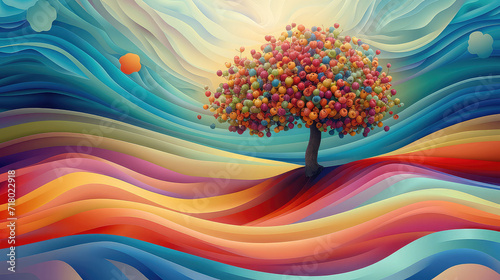 Fototapeta Naklejka Na Ścianę i Meble -  Elegant colorful with vibrant apple tree illustration background. Bright color 3d abstraction wallpaper for interior mural Generated by AI