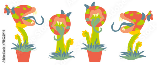 Carnivorous Plant Set, Monster Flora in Flower pot. Vector Fantasy Scary Flat Illustration Isolated on white. Cartoon Angry flowers with Teeth and Fangs. Design elements for Game, App, Card, Cartoon.