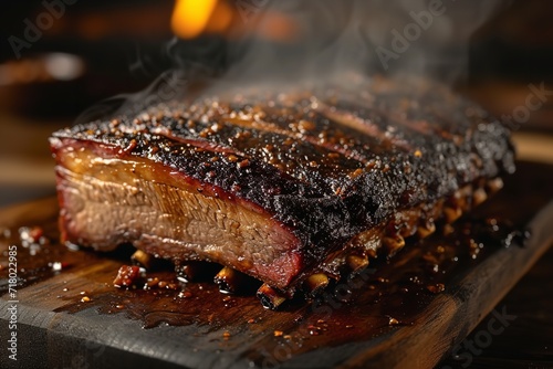 A big, flavorful, steaming hunk of baked beef brisket. Generative Ai.