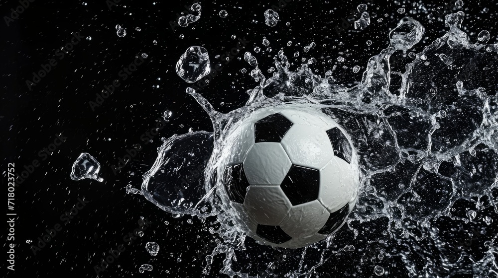 Obraz premium Professional Soccer ball Sports Equipment in water splashes on the black background. Horizontal Illustration. Sporting Gear Ai Generated Illustration with Active Game Soccer ball.