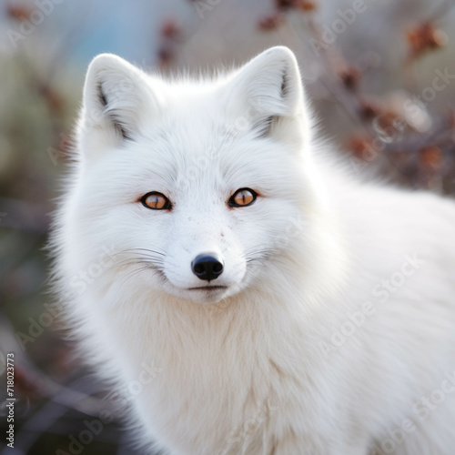 White Arctic Fox in Winter Forest Portrait.