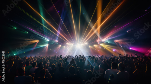 Crowd of dancing people on rave  in nightclub or disco party  laser show  colorful lights