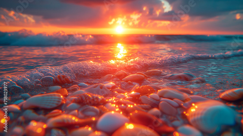 A serene sunset at the beach  with the warm glow of the sun illuminating distinct striped seashells and stones partially submerged in the foamy edge of the tide.