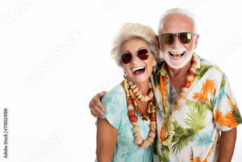 Happy senior couple in vacation clothes, isolated on white background.