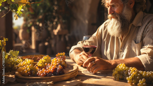 Sommelier, an elderly male winemaker holds a glass of wine. Winery, production of alcoholic beverages.	 photo