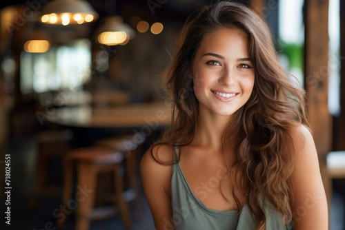Happy caucasian young student female looking at camera enjoying with a perfect white teeth. Portrait of a joyful and adorable young brunette woman.