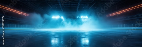 Spotlights on outdoor Hockey stadium with an empty ice rink. Light beams neon lights reflection and smoke. Ice show or figure skating concept.