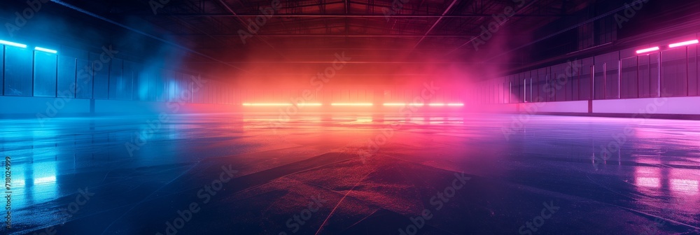 Spotlights on outdoor Hockey stadium with an empty ice rink. Light beams neon lights reflection and smoke. Ice show or figure skating concept. Spotlights on outdoor Hockey stadium with an empty ice rink. Light beams neon lights reflection and smoke. Ice show or figure skating concept.