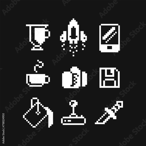 Set of 8-bit pixel icons. Isolated vector illustration. Black and white image. Spaceship, computer games, cups and weapons