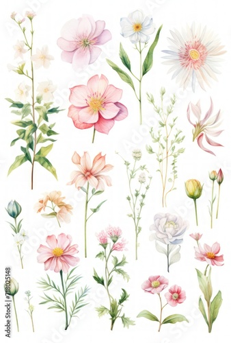 Set of watercolor drawn isolated flowers  twigs  buds. Delicate floral motifs  elements for textiles  wallpaper  patterns. Batanic illustration.