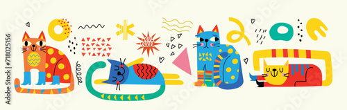 Decorative abstract illustrations with colorful doodle cute cats Hand-drawn modern illustration with abstract elements, geometric shapes, paper cut parts.