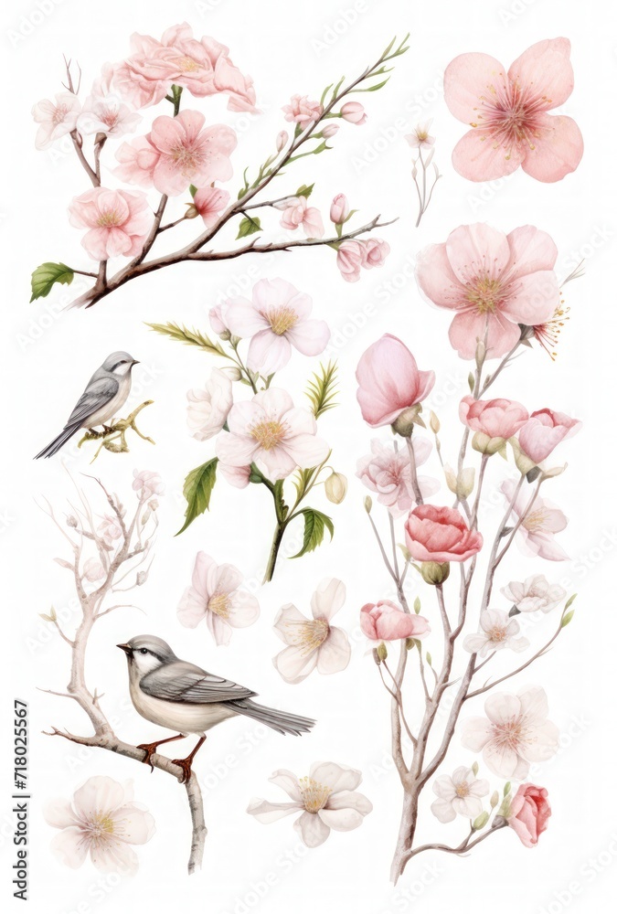 Set of watercolor drawn isolated flowers, twigs, buds. Delicate floral motifs, elements for textiles, wallpaper, patterns. Batanic illustration. Set of watercolor drawn isolated flowers, twigs, buds. Delicate floral motifs, elements for textiles, wallpaper, patterns. Batanic illustration.
