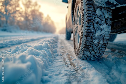 A close-up of an automobile tire on a winter road. Generative Ai. © Planum