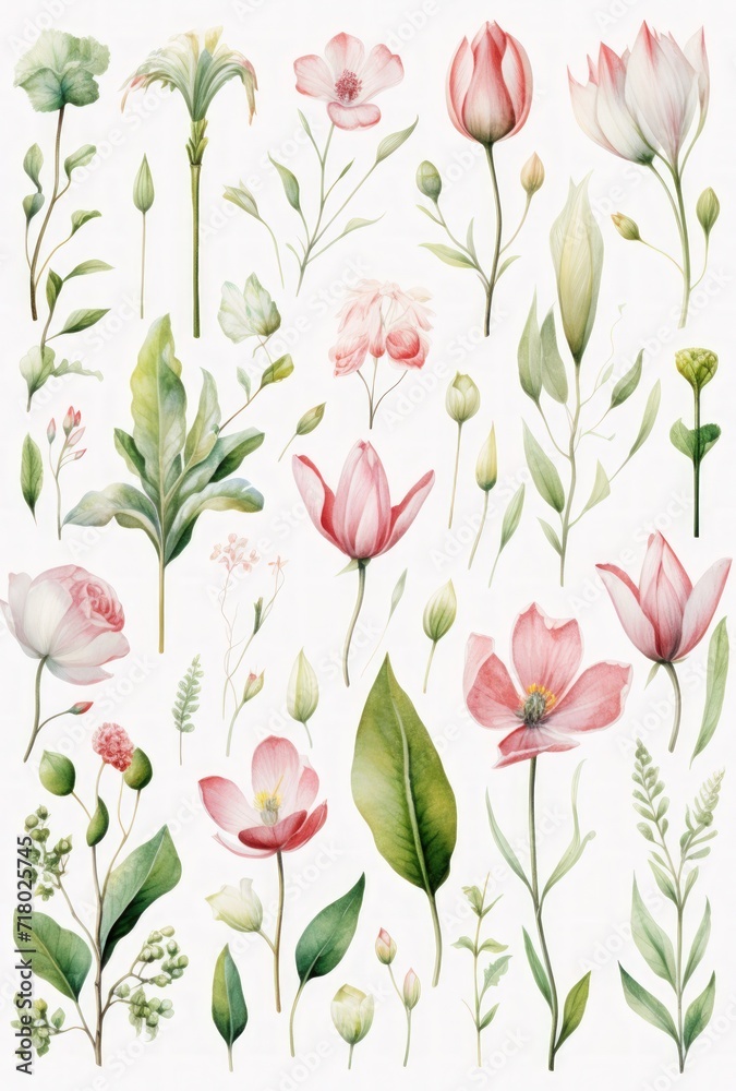 custom made wallpaper toronto digitalSet of watercolor drawn isolated flowers, twigs, buds. Delicate floral motifs, elements for textiles, wallpaper, patterns. Batanic illustration.