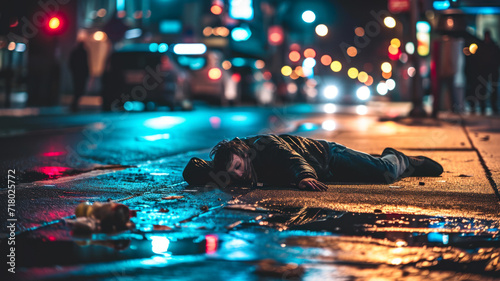 Drug addict suffering from overdose or drunk person lying in the street photo