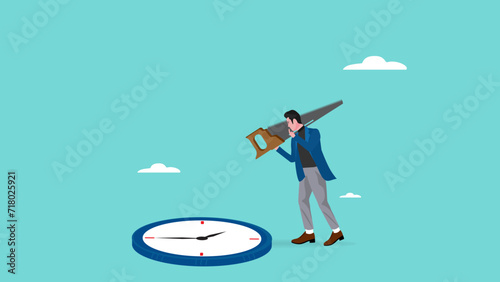 time management concept illustration, efficiency multitasking vector time management, businessman preparing to divide a wall clock into several parts using a saw concept vector illustration