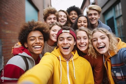 Multiracial best friends taking selfie walking on city street - Happy young people having fun enjoying day out - Diverse teens laughing at camera on summer vacation - Friendship and tourism concept