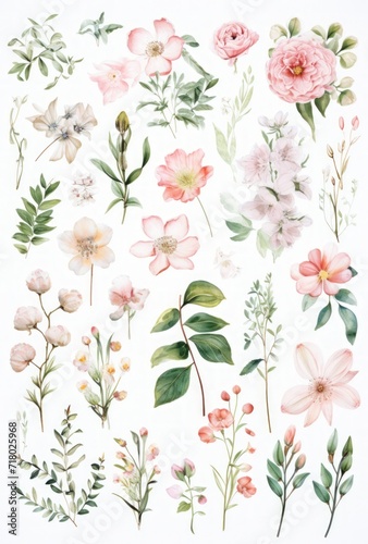 Set of watercolor drawn isolated flowers, twigs, buds. Delicate floral motifs, elements for textiles, wallpaper, patterns. Batanic illustration. photo