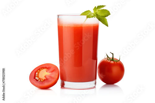 Fresh Tomato Juice in Glass  Tomatoes cut half sliced  green leaf  Healthy Vegetarian Beverage  refreshing healthy citrus beverage  breakfast drink  isolated on white background  