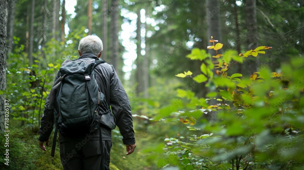 Elderly Man Hiking in a Forest: Surrounded by Greenery on a Clear Day, Focusing on Adventure and Nature Connection